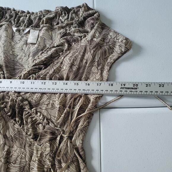Whimsy Fairy Silk Wrap Dress Womens 8 Brown Leaf Sheer V Neck Maxi Short Sleeve - Picture 8 of 10